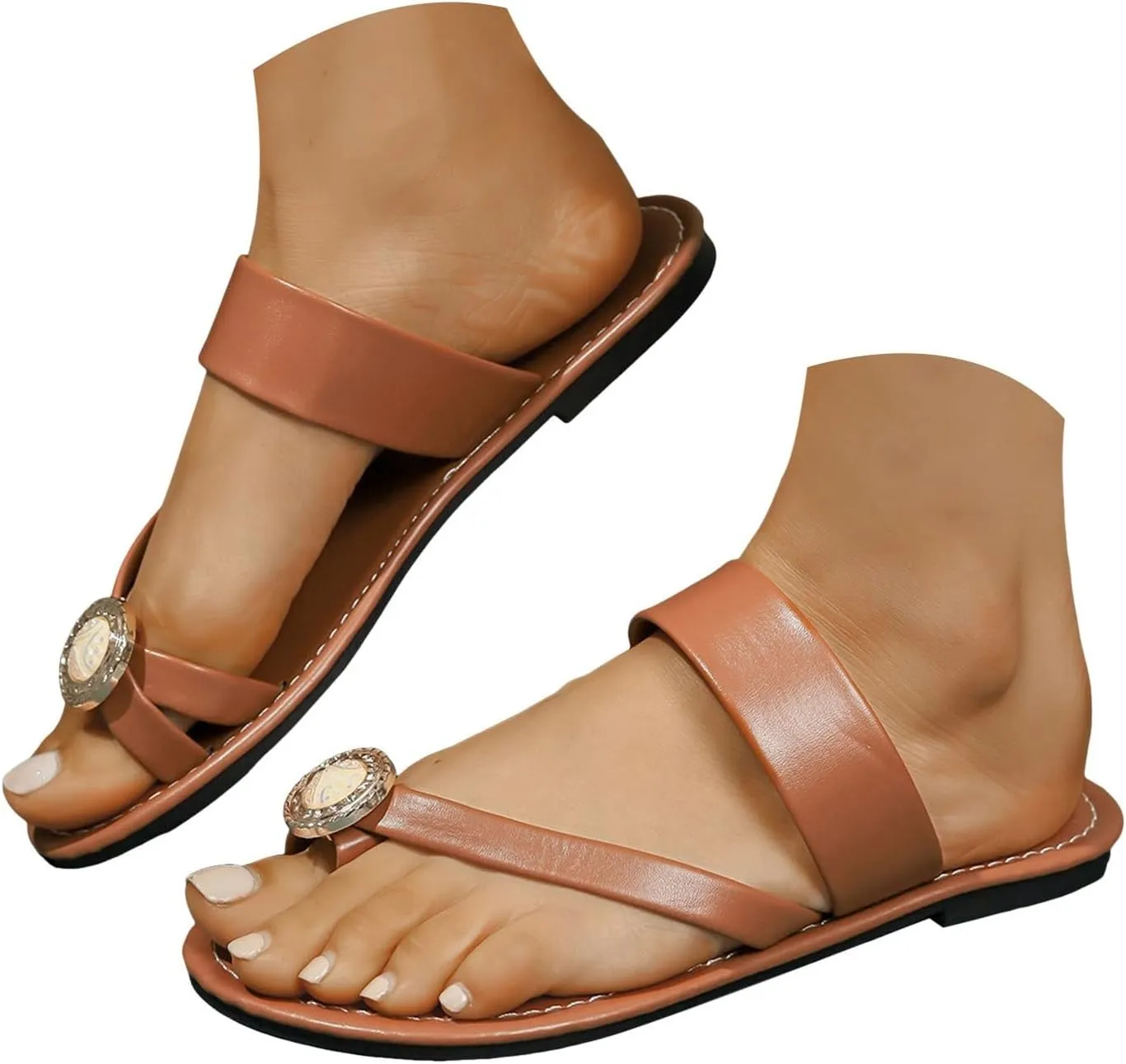 Eduavar Summer Sandals for Women, Orthopedic Sandals for Women Rhinestone Flat Sandals Comfortable Ring Toe Slippers