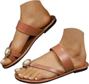 Eduavar Summer Sandals for Women, Orthopedic Sandals for Women Rhinestone Flat Sandals Comfortable Ring Toe Slippers