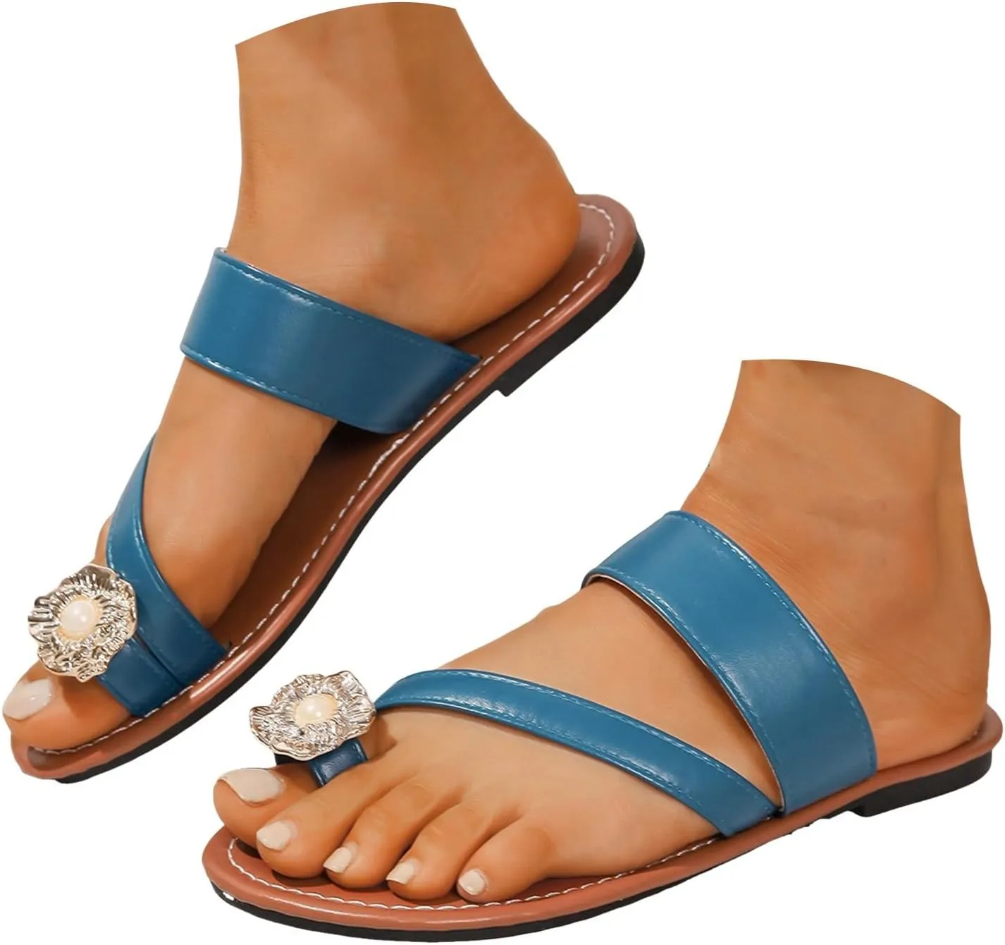 Eduavar Summer Sandals for Women, Orthopedic Sandals for Women Rhinestone Flat Sandals Comfortable Ring Toe Slippers