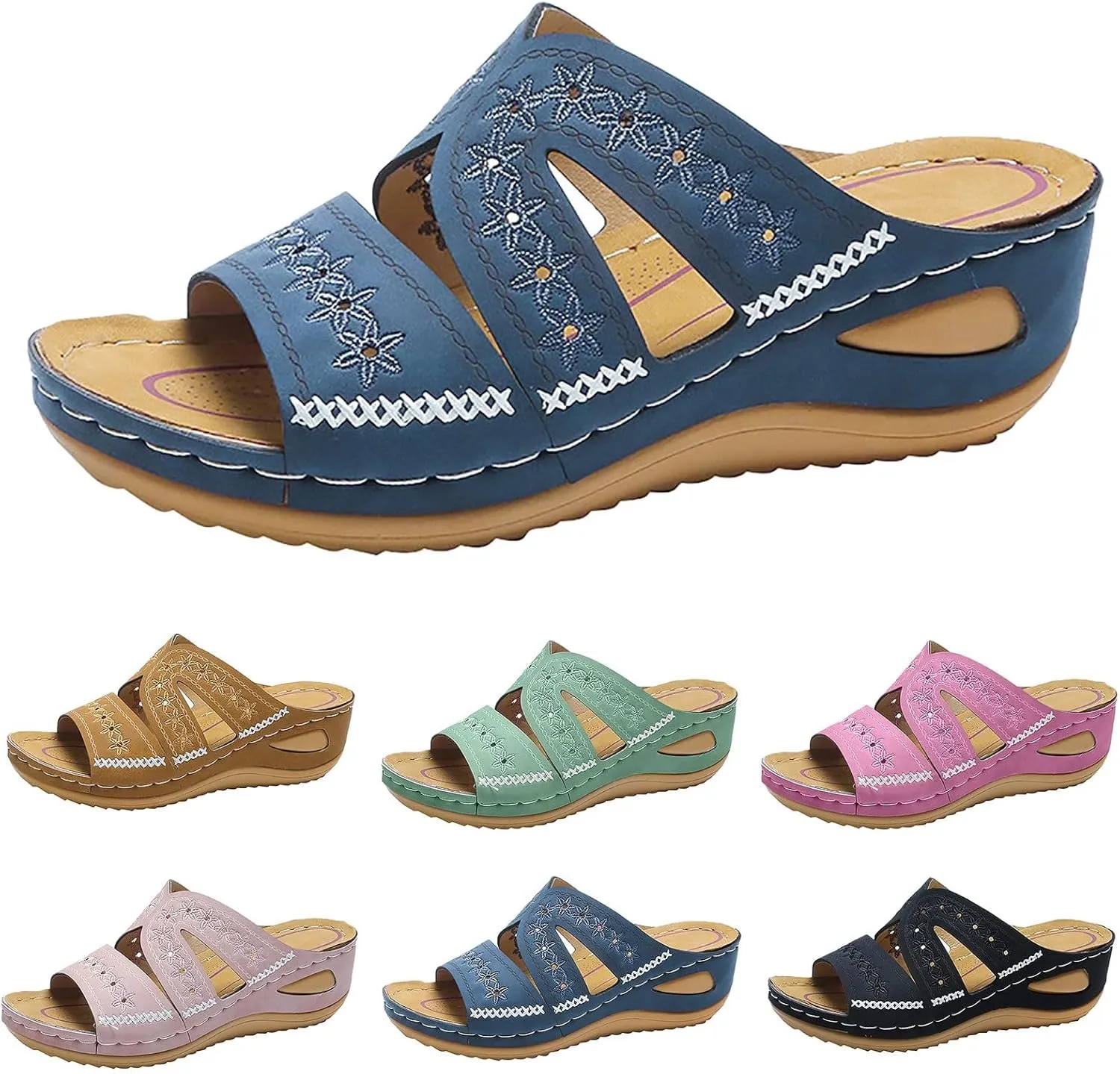 Eduavar Women's Orange Wedge Sandals, Comfortable Vintage Slip-On Open Toe Wedges