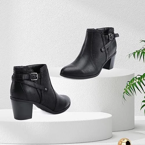 EETTARO Women's Chunky Heel Ankle Boots Fashion Pointed Toe Booties Side Zipper Buckle Shoes