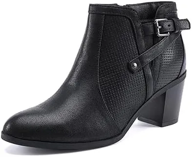 EETTARO Women's Chunky Heel Ankle Boots Fashion Pointed Toe Booties Side Zipper Buckle Shoes