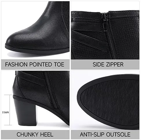 EETTARO Women's Chunky Heel Ankle Boots Fashion Pointed Toe Booties Side Zipper Buckle Shoes