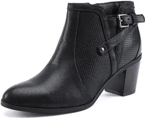 EETTARO Women's Chunky Heel Ankle Boots Fashion Pointed Toe Booties Side Zipper Buckle Shoes