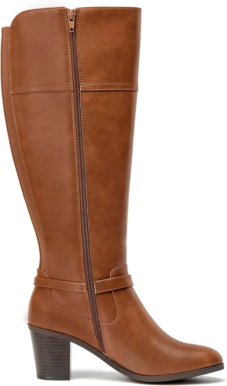 EETTARO Women's Fashion Knee High Boots Elastic Block Mid Heel Winter Boot Side Zipper Riding Boots