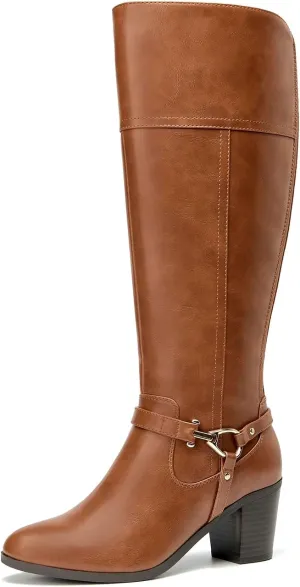 EETTARO Women's Fashion Knee High Boots Elastic Block Mid Heel Winter Boot Side Zipper Riding Boots