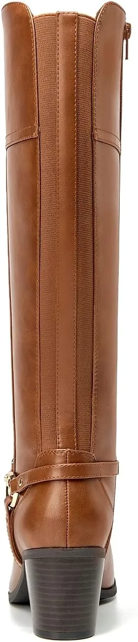 EETTARO Women's Fashion Knee High Boots Elastic Block Mid Heel Winter Boot Side Zipper Riding Boots
