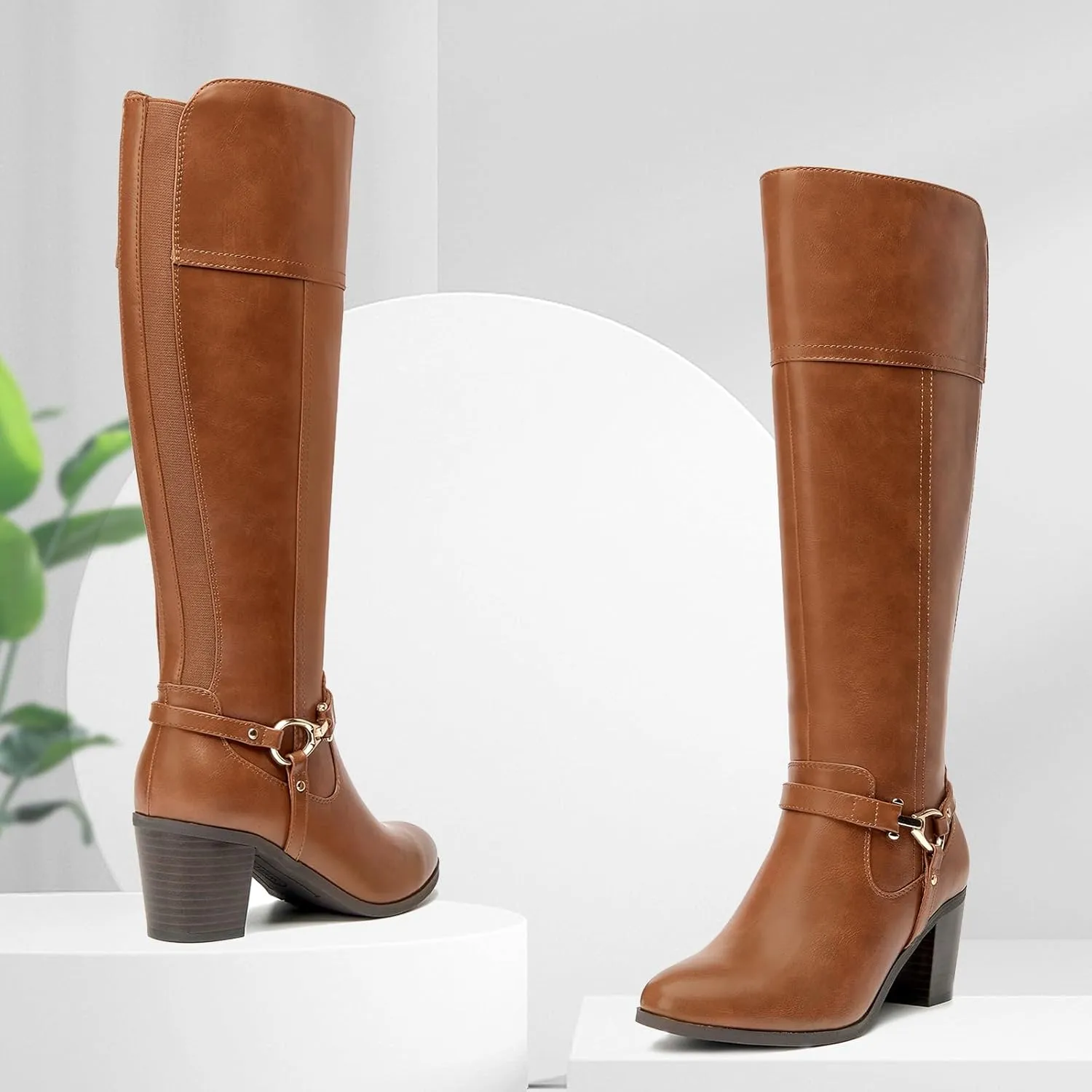 EETTARO Women's Fashion Knee High Boots Elastic Block Mid Heel Winter Boot Side Zipper Riding Boots