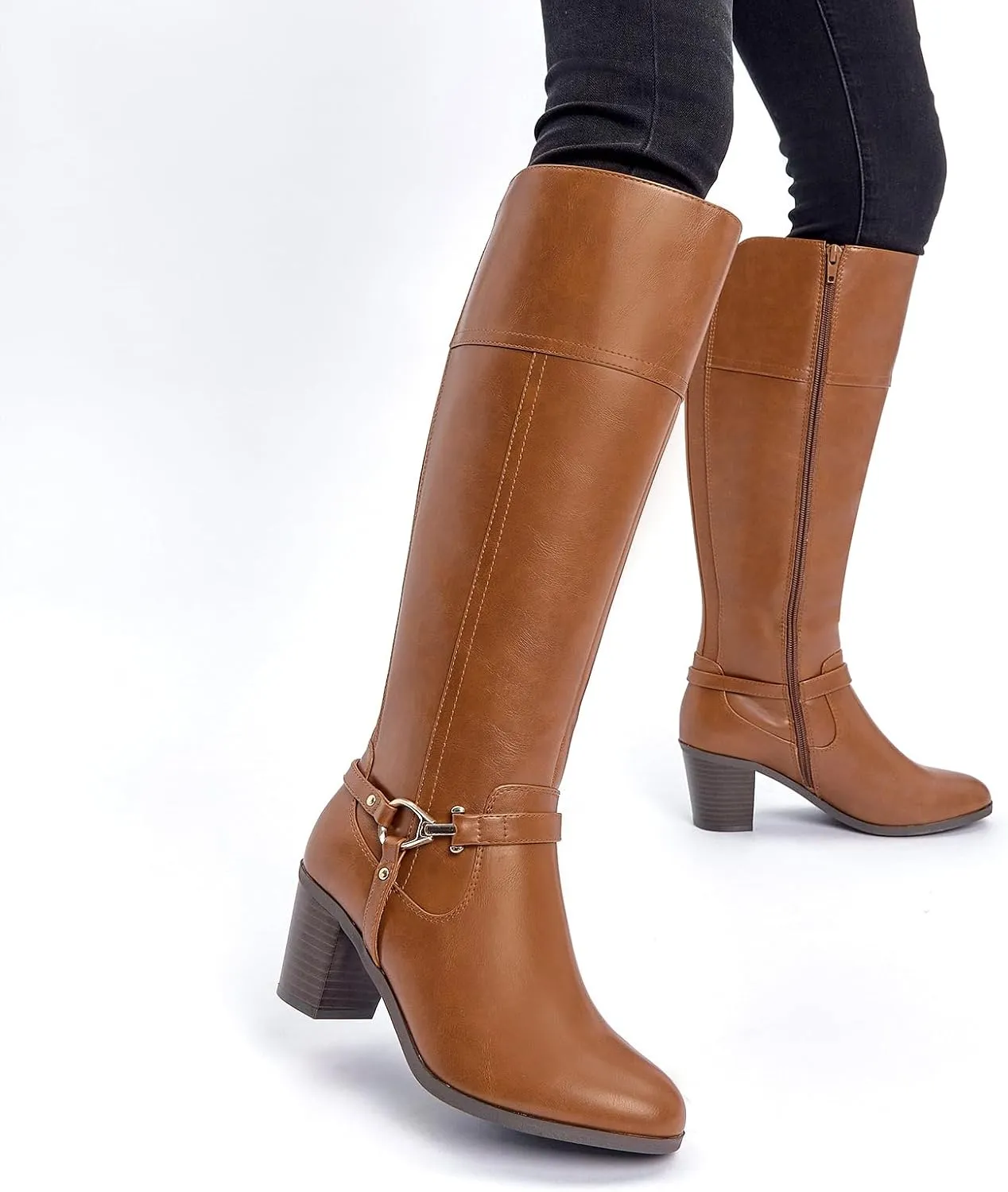 EETTARO Women's Fashion Knee High Boots Elastic Block Mid Heel Winter Boot Side Zipper Riding Boots