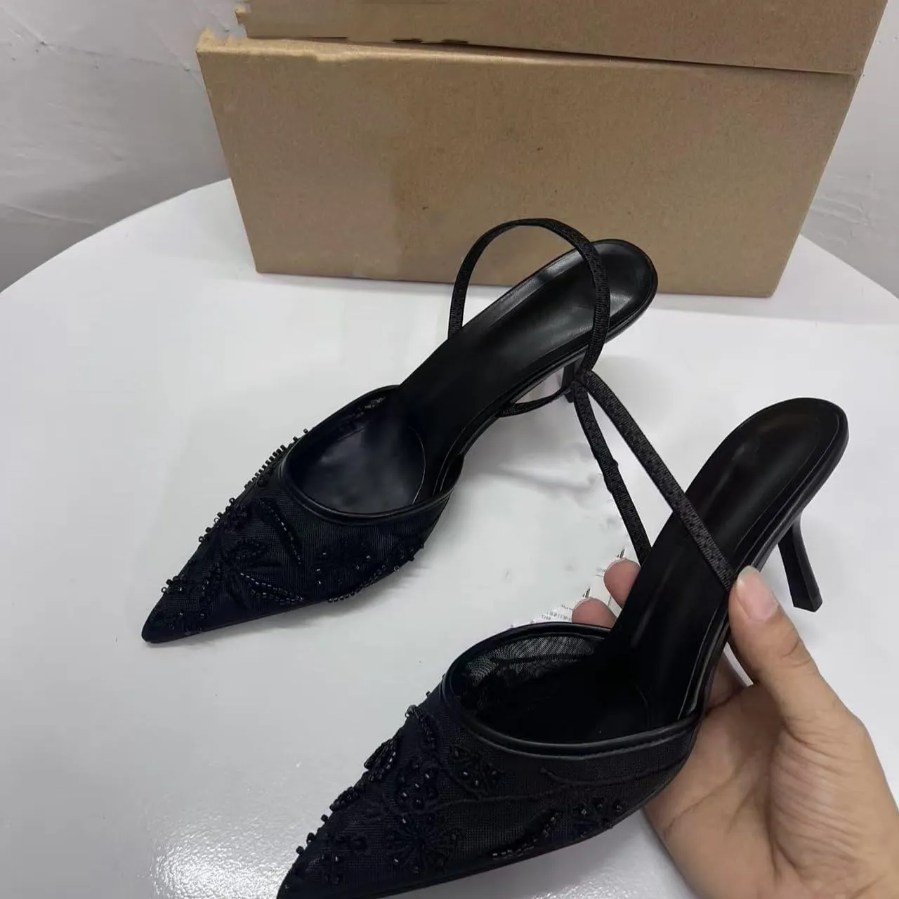 Embroidered Mesh Slingback Heels for Women Breathable Mesh Pointed Toe Pumps Low Heel Slip On Dress Shoes
