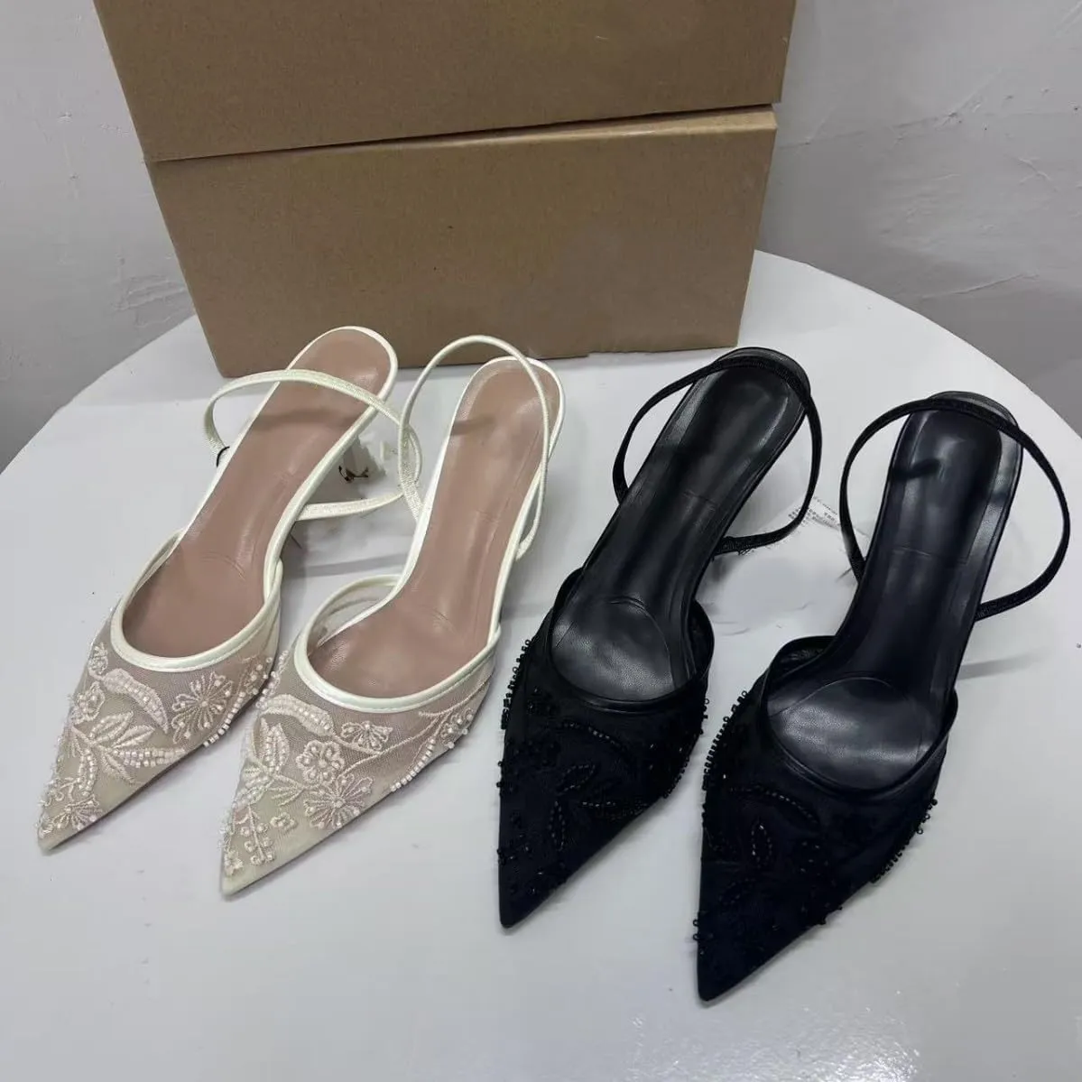 Embroidered Mesh Slingback Heels for Women Breathable Mesh Pointed Toe Pumps Low Heel Slip On Dress Shoes