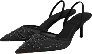 Embroidered Mesh Slingback Heels for Women Breathable Mesh Pointed Toe Pumps Low Heel Slip On Dress Shoes