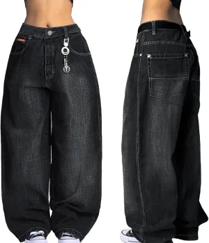 EMMIOL Women Hip Hop Baggy Jeans Wide Leg Mid-Low Waist Jeans Loose Boyfriends Pants 90s Vintage Denim Pants