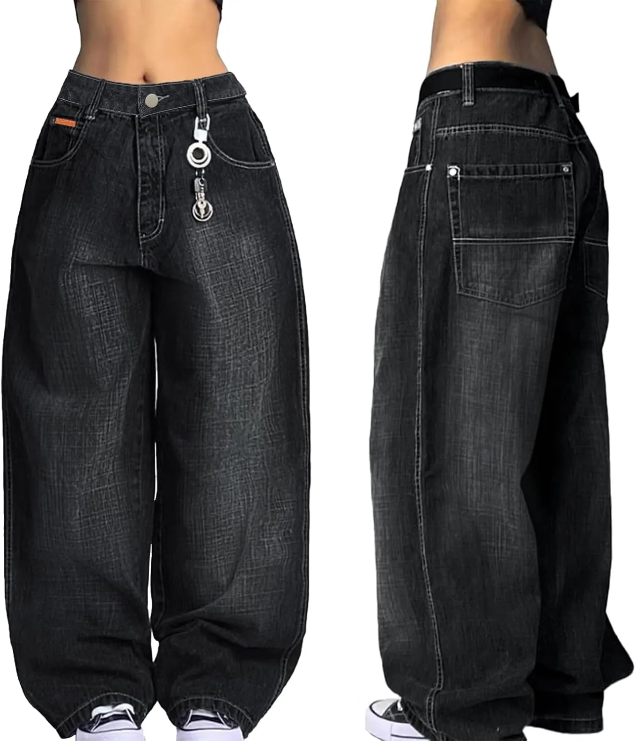 EMMIOL Women Hip Hop Baggy Jeans Wide Leg Mid-Low Waist Jeans Loose Boyfriends Pants 90s Vintage Denim Pants