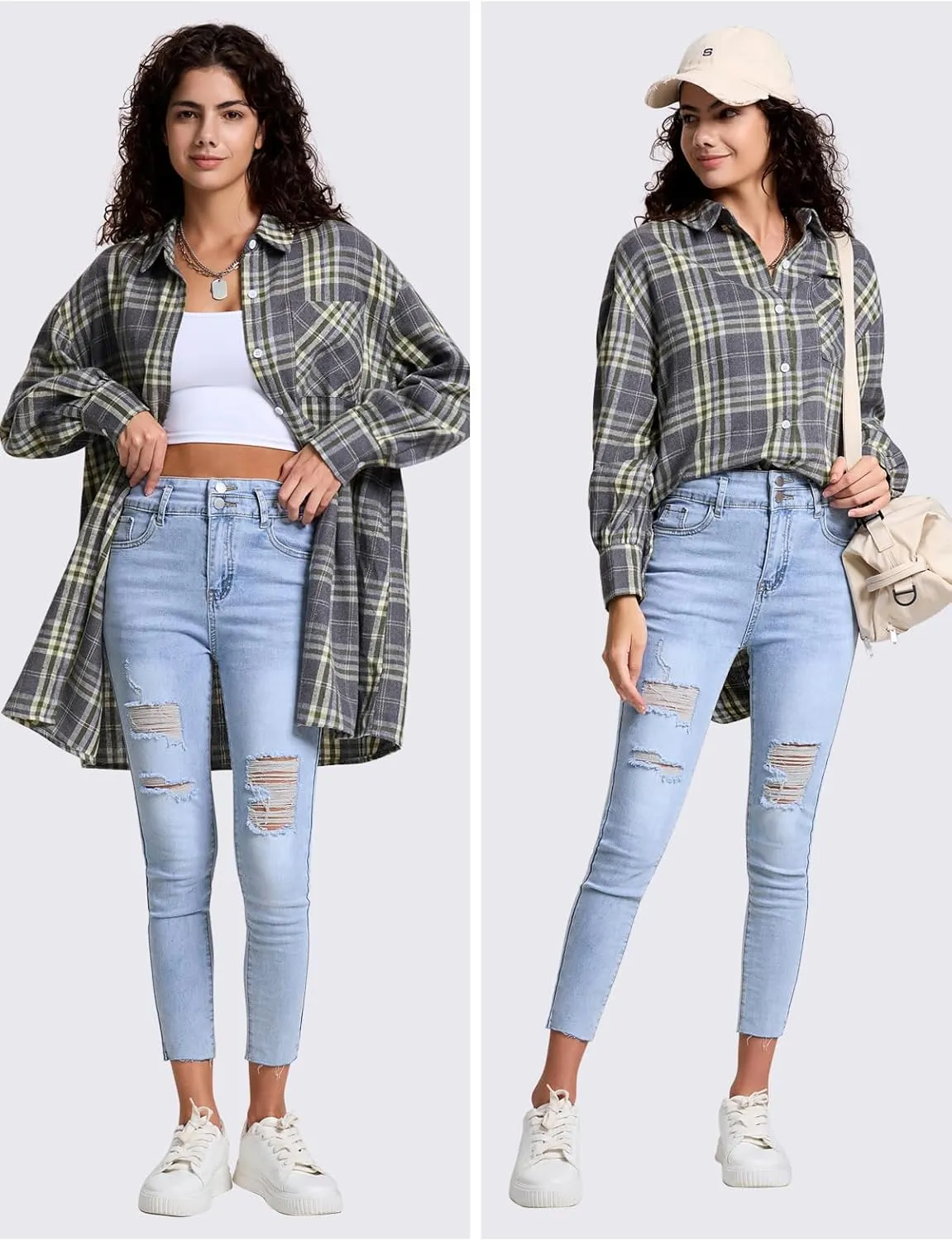 EXLURA Womens Plaid Flannel Shacket Long Sleeve Button Down Shirts Long Jackets Oversized Spring Fashion Outfits 2025 Clothes