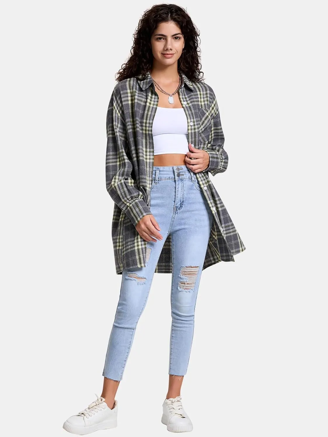 EXLURA Womens Plaid Flannel Shacket Long Sleeve Button Down Shirts Long Jackets Oversized Spring Fashion Outfits 2025 Clothes