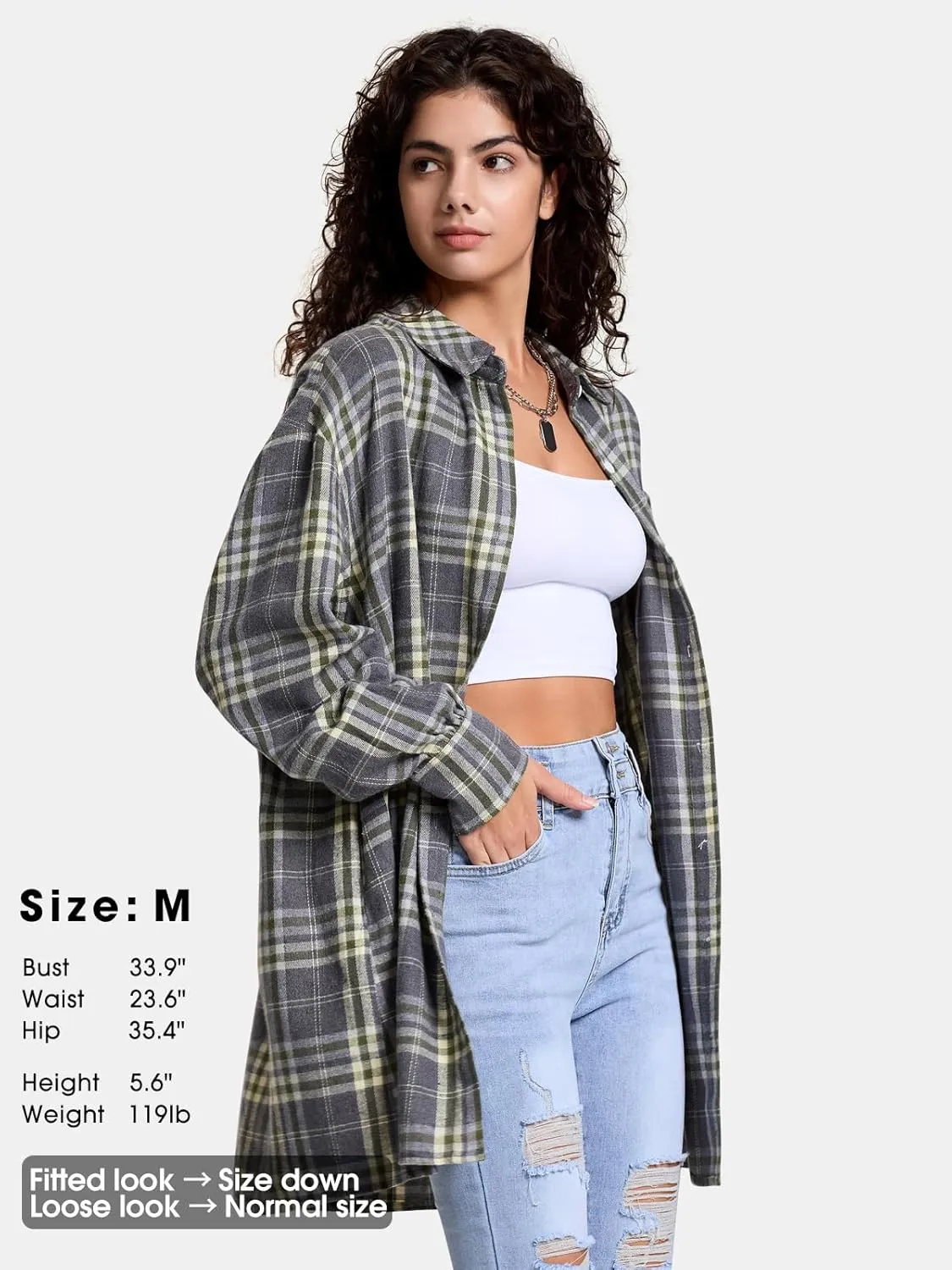 EXLURA Womens Plaid Flannel Shacket Long Sleeve Button Down Shirts Long Jackets Oversized Spring Fashion Outfits 2025 Clothes