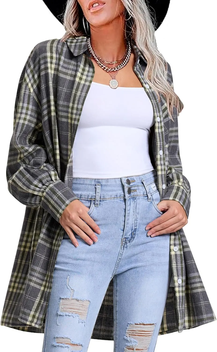 EXLURA Womens Plaid Flannel Shacket Long Sleeve Button Down Shirts Long Jackets Oversized Spring Fashion Outfits 2025 Clothes