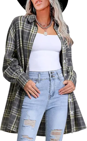 EXLURA Womens Plaid Flannel Shacket Long Sleeve Button Down Shirts Long Jackets Oversized Spring Fashion Outfits 2025 Clothes