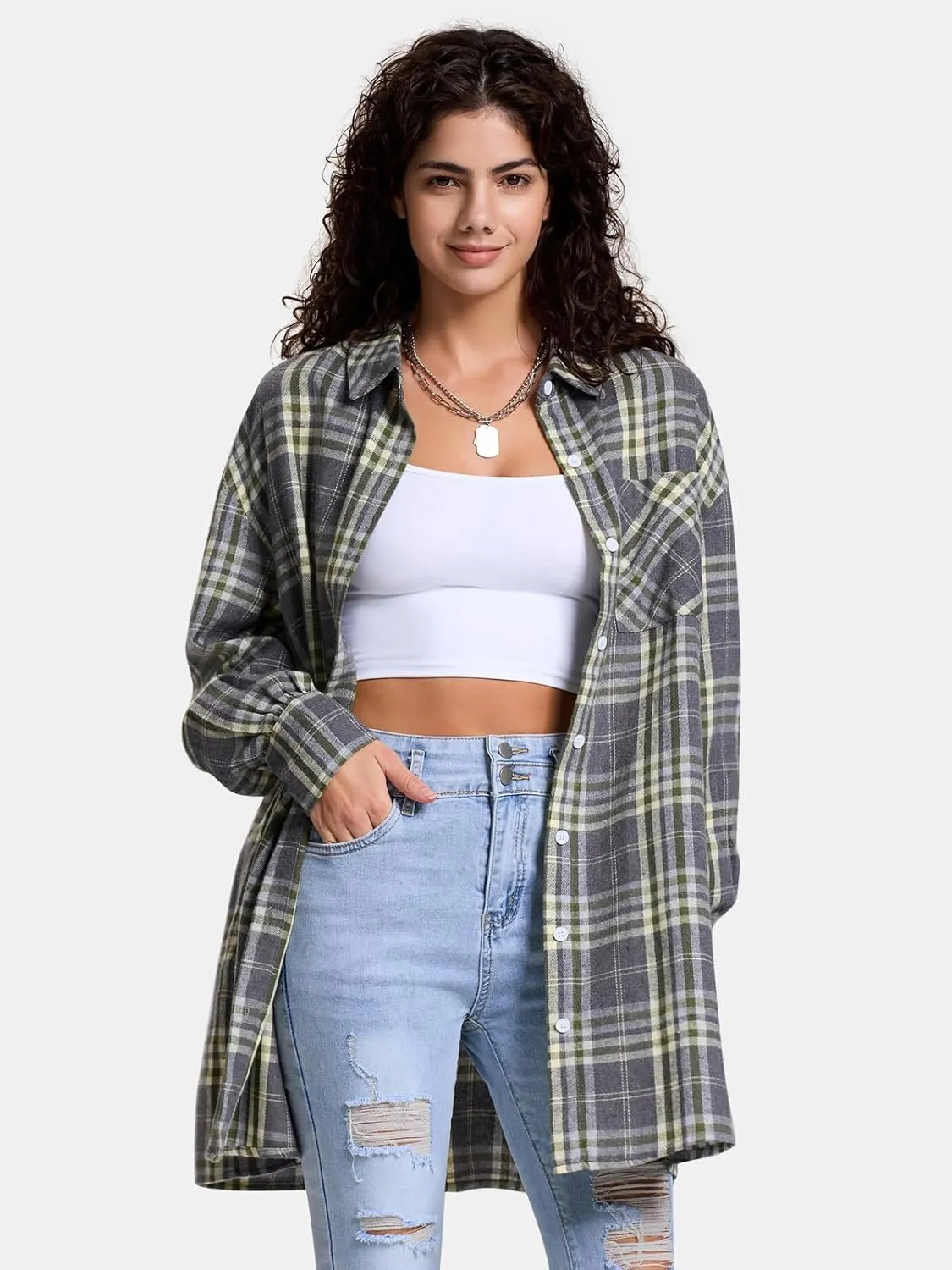 EXLURA Womens Plaid Flannel Shacket Long Sleeve Button Down Shirts Long Jackets Oversized Spring Fashion Outfits 2025 Clothes