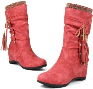 FAIRSOMA Women's Slip-On Tassels Suede Wedge Slouch Mid-Calf Boots,Fashion Non-slip Hidden Heel Comfortable Warm Round Toe Boots Retro Classic Dress Short Ankle Boot