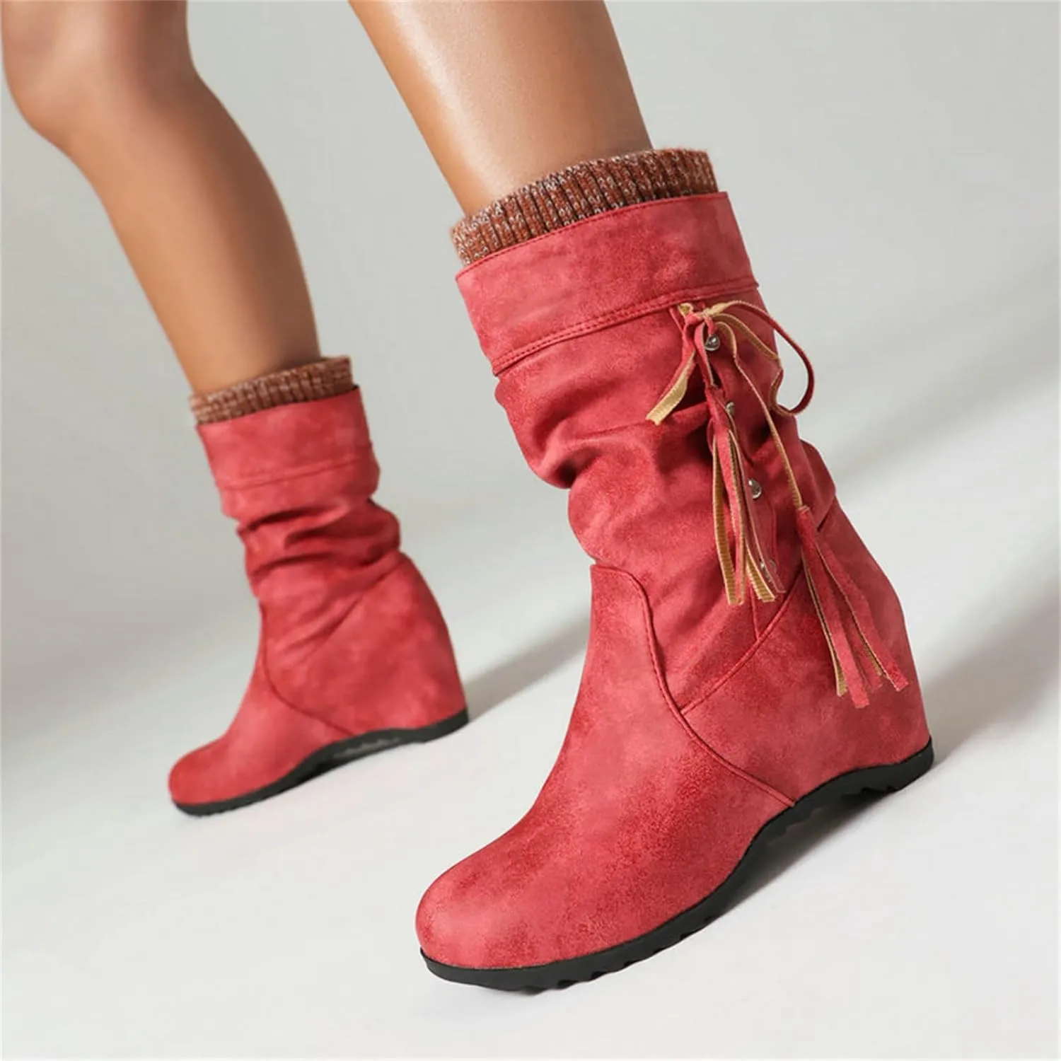 FAIRSOMA Women's Slip-On Tassels Suede Wedge Slouch Mid-Calf Boots,Fashion Non-slip Hidden Heel Comfortable Warm Round Toe Boots Retro Classic Dress Short Ankle Boot