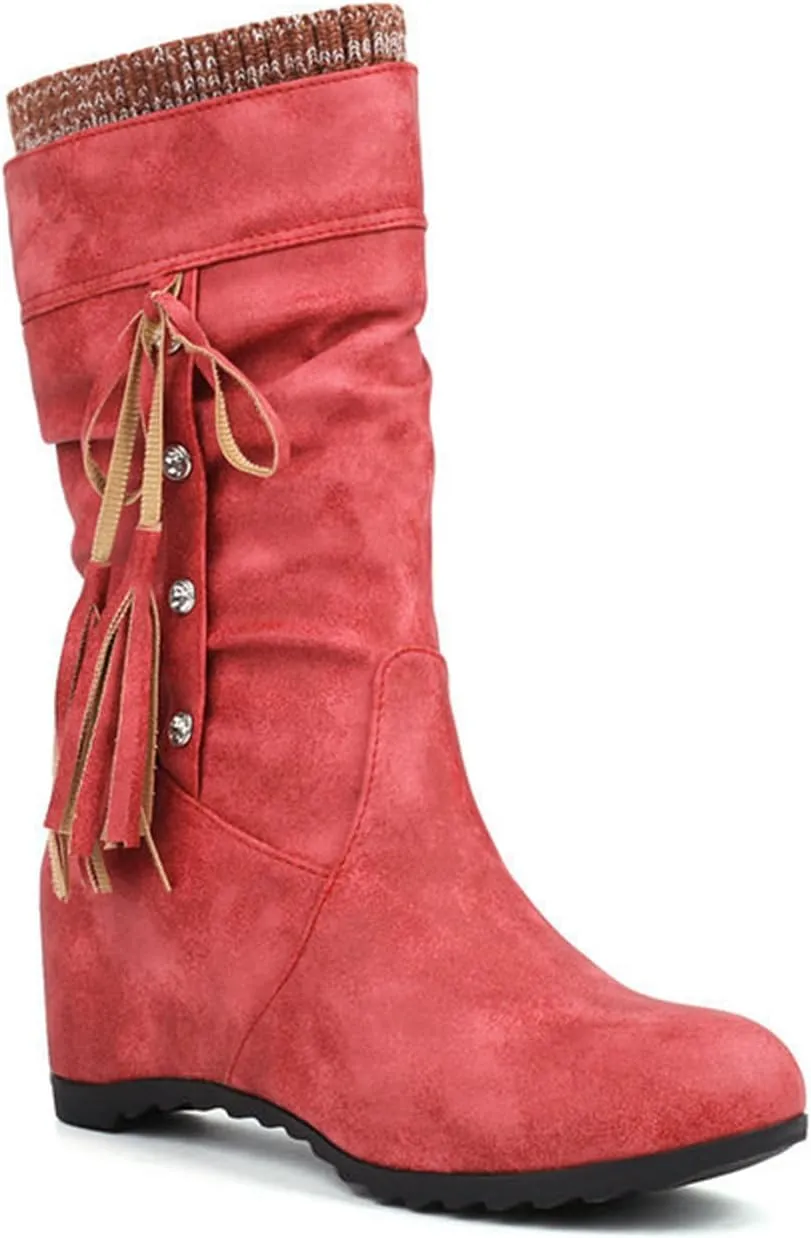 FAIRSOMA Women's Slip-On Tassels Suede Wedge Slouch Mid-Calf Boots,Fashion Non-slip Hidden Heel Comfortable Warm Round Toe Boots Retro Classic Dress Short Ankle Boot