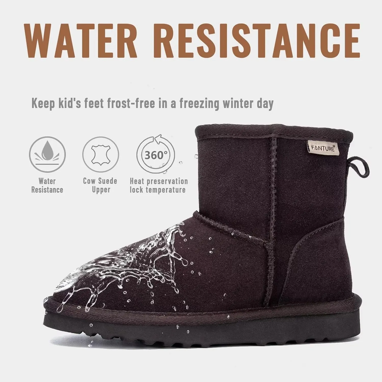 FANTURE Kids Snow Boots Boys Girls Winter Boots Cow Suede Warm Faux Fur Lined Durable Shoes(Little Kid/Big Kid)