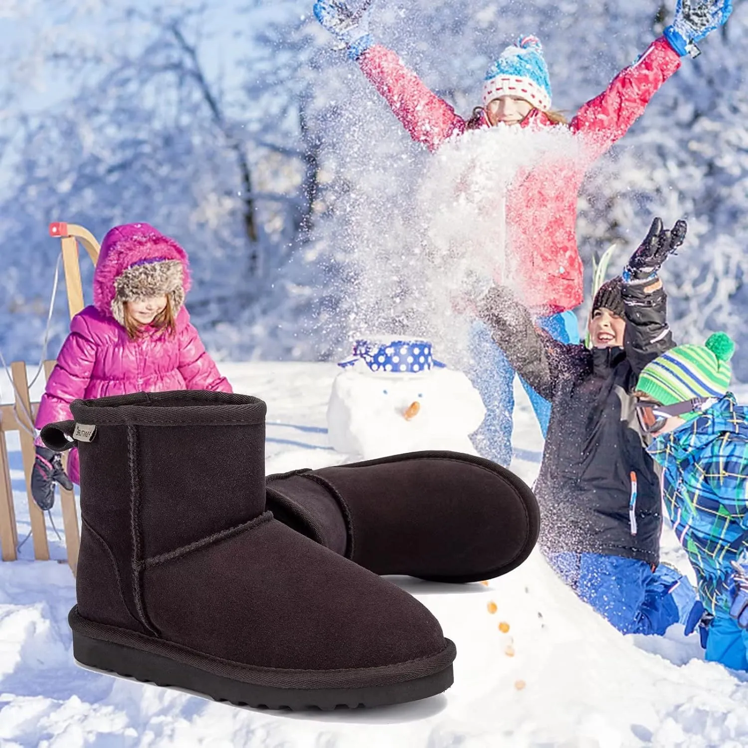 FANTURE Kids Snow Boots Boys Girls Winter Boots Cow Suede Warm Faux Fur Lined Durable Shoes(Little Kid/Big Kid)