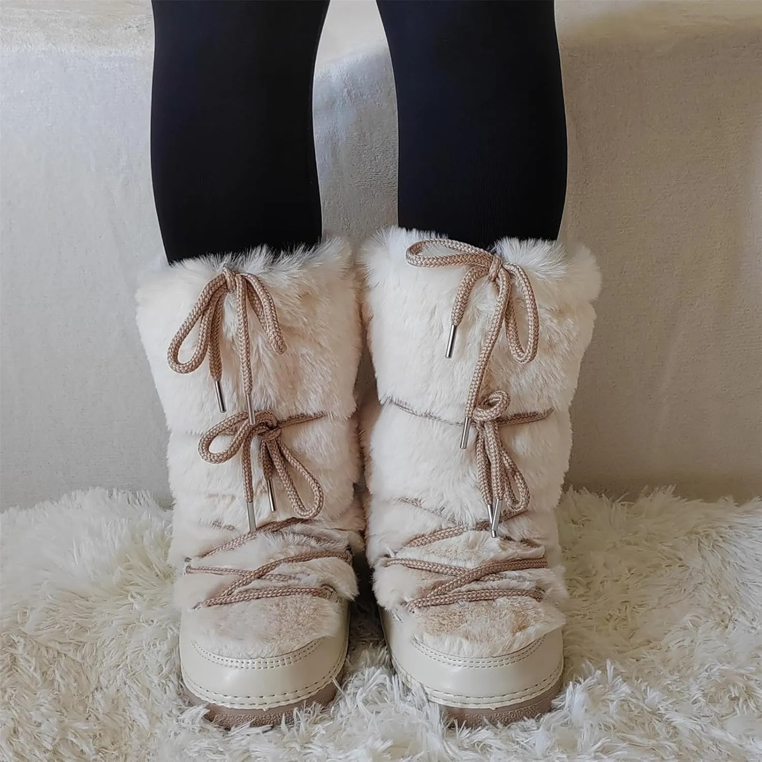 Faux Fur Boots for Women - Fuzzy Fluffy Furry Water Resistant Snow Boots for Women - Anti-Slip with Cotton Sponge Lined and TPR Rubber Sole Black White Fur Boots