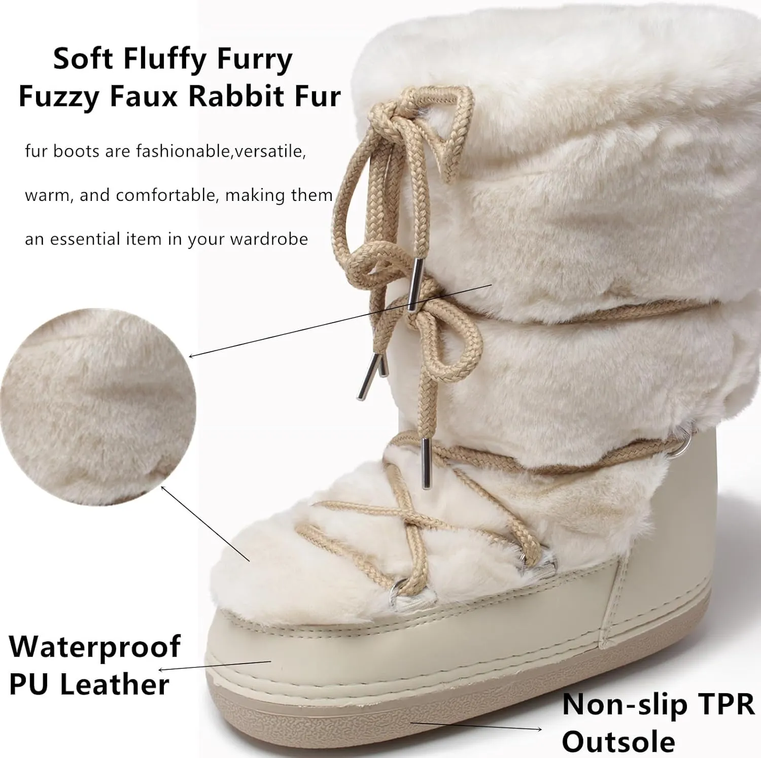 Faux Fur Boots for Women - Fuzzy Fluffy Furry Water Resistant Snow Boots for Women - Anti-Slip with Cotton Sponge Lined and TPR Rubber Sole Black White Fur Boots