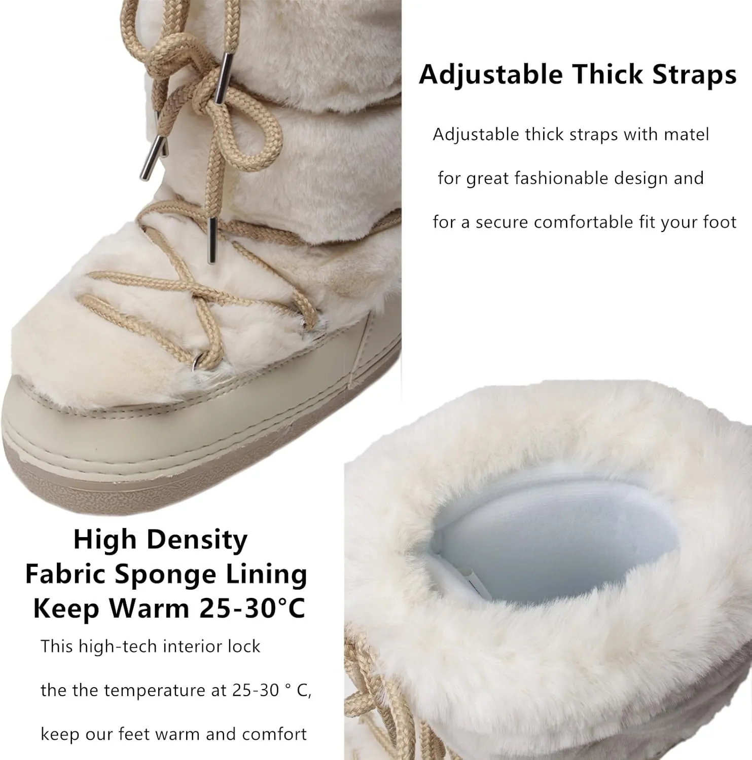 Faux Fur Boots for Women - Fuzzy Fluffy Furry Water Resistant Snow Boots for Women - Anti-Slip with Cotton Sponge Lined and TPR Rubber Sole Black White Fur Boots