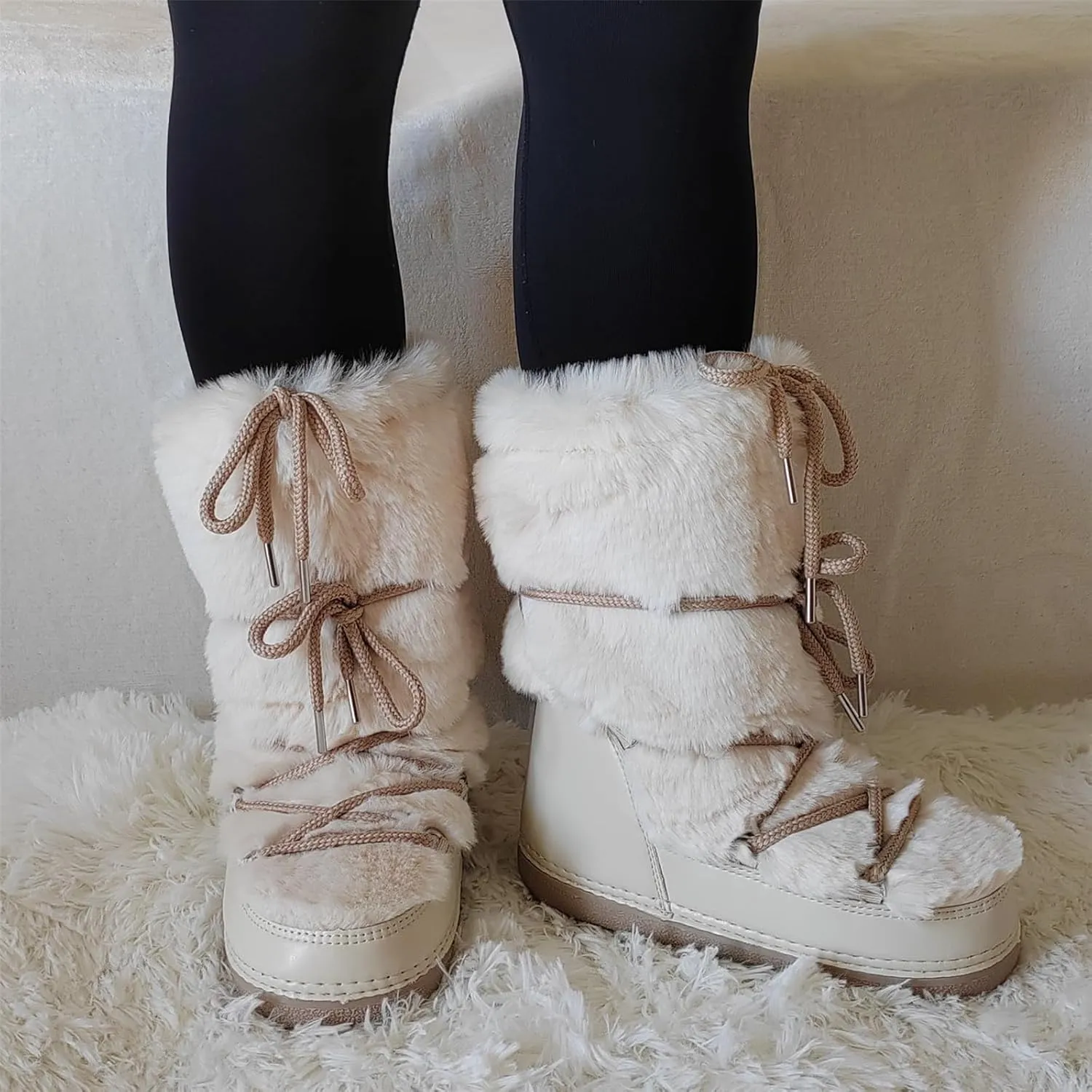 Faux Fur Boots for Women - Fuzzy Fluffy Furry Water Resistant Snow Boots for Women - Anti-Slip with Cotton Sponge Lined and TPR Rubber Sole Black White Fur Boots