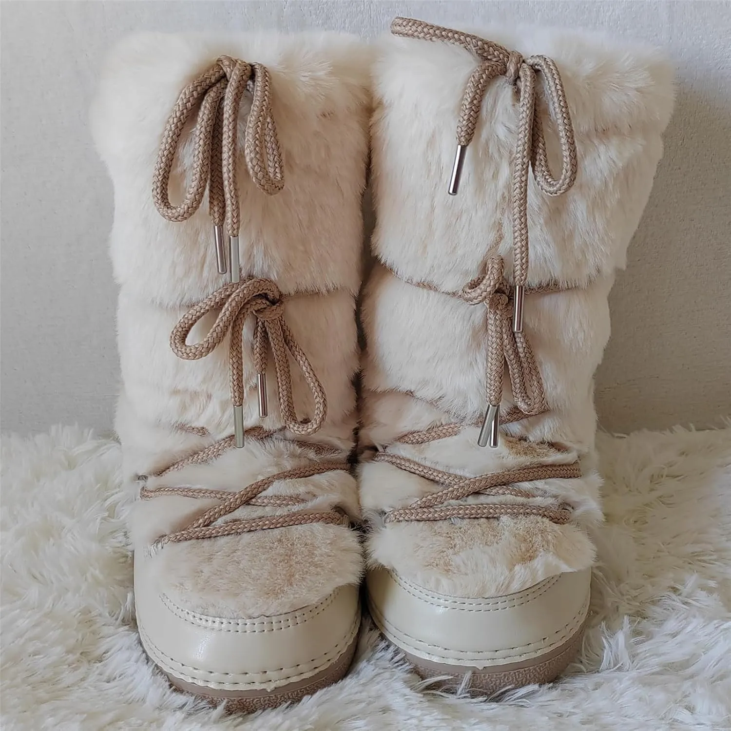 Faux Fur Boots for Women - Fuzzy Fluffy Furry Water Resistant Snow Boots for Women - Anti-Slip with Cotton Sponge Lined and TPR Rubber Sole Black White Fur Boots