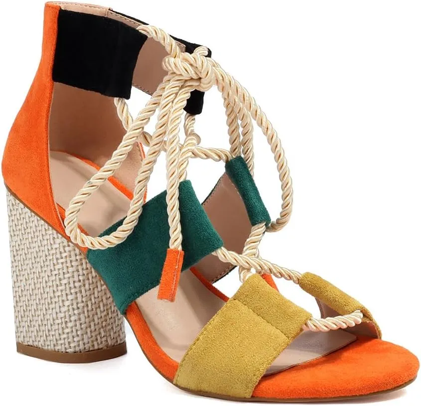 Feinlina Women Colorful Fashion Causal Shoes Suede Cute Sandals Lace up Cross Ankle Strap Comfortable Block Heel (8.5)