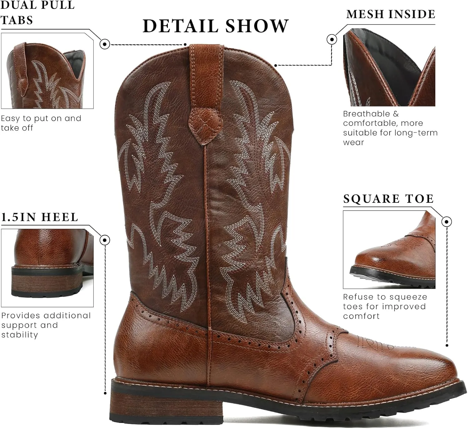 femflame Cowboy Boots For Men Square Toe Leather Western Boots Classic Embroidered Durable Slip Resistant Chunky Heel Pull On Distressed Work Boots