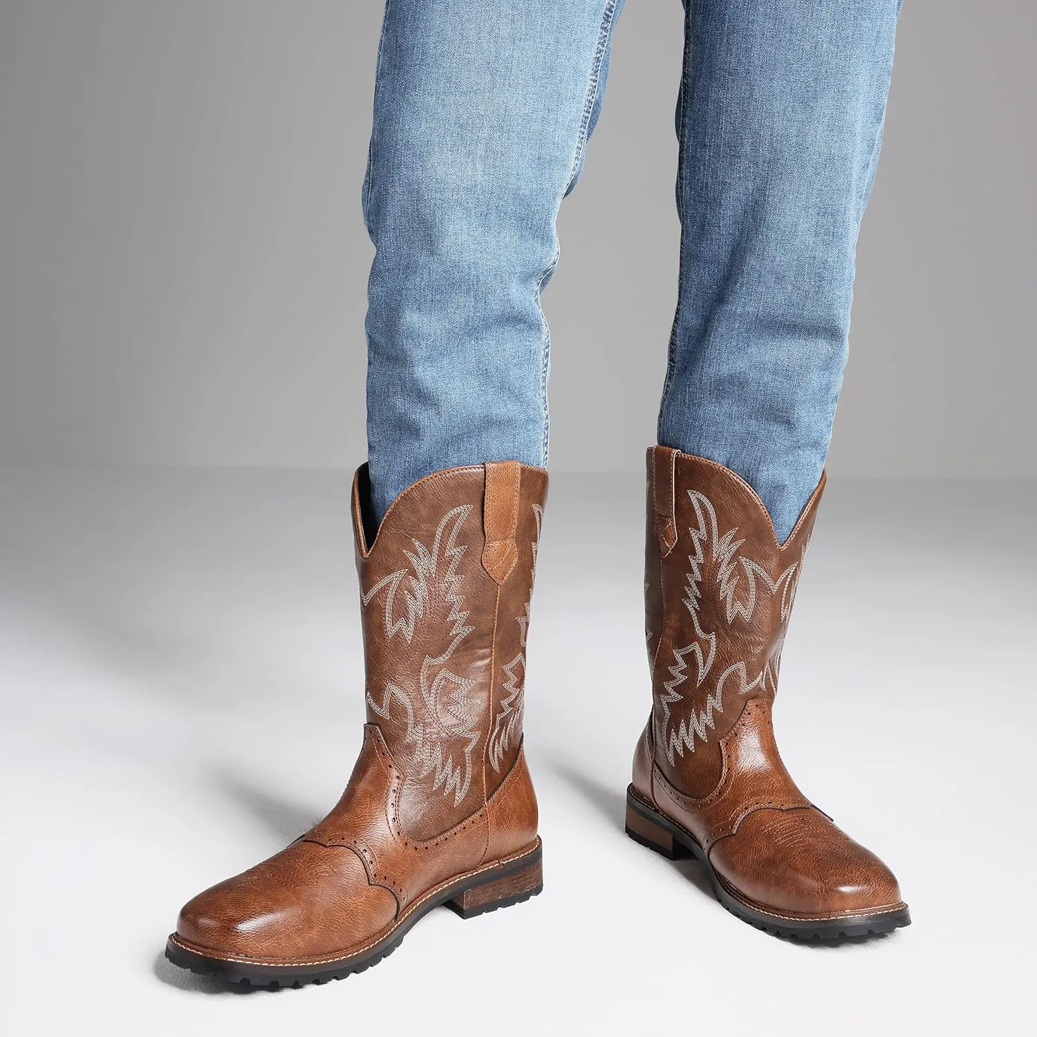 femflame Cowboy Boots For Men Square Toe Leather Western Boots Classic Embroidered Durable Slip Resistant Chunky Heel Pull On Distressed Work Boots
