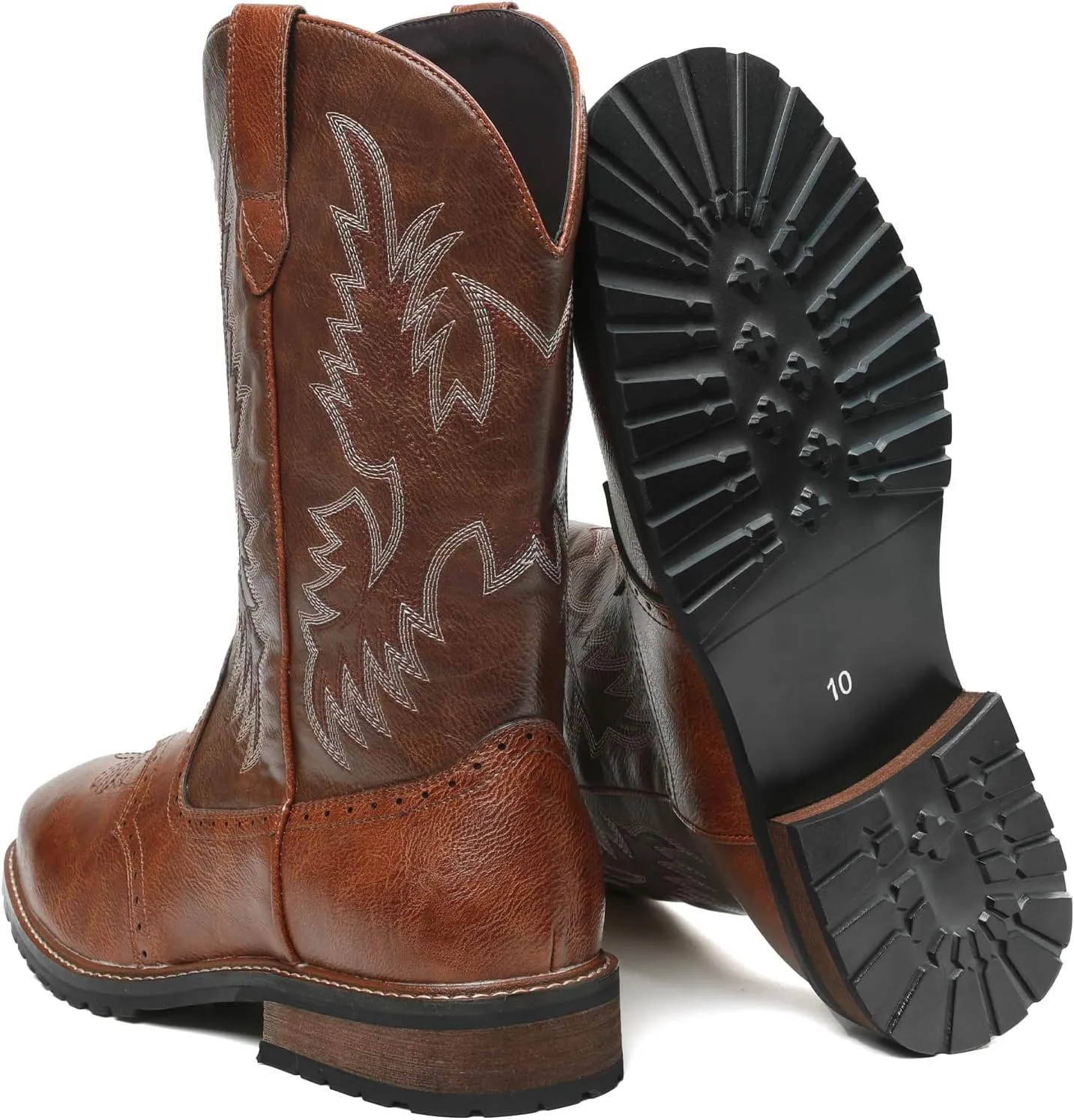 femflame Cowboy Boots For Men Square Toe Leather Western Boots Classic Embroidered Durable Slip Resistant Chunky Heel Pull On Distressed Work Boots