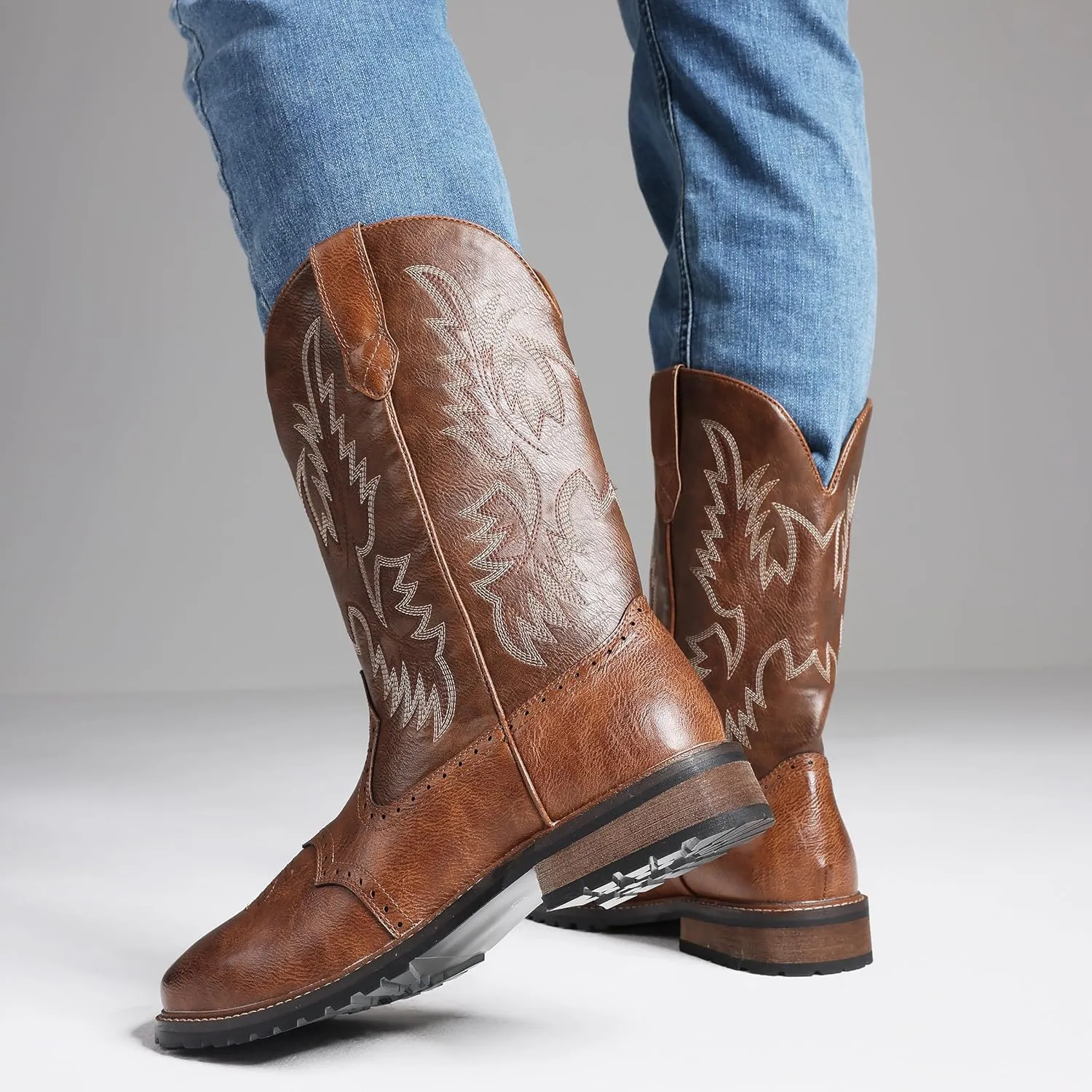 femflame Cowboy Boots For Men Square Toe Leather Western Boots Classic Embroidered Durable Slip Resistant Chunky Heel Pull On Distressed Work Boots