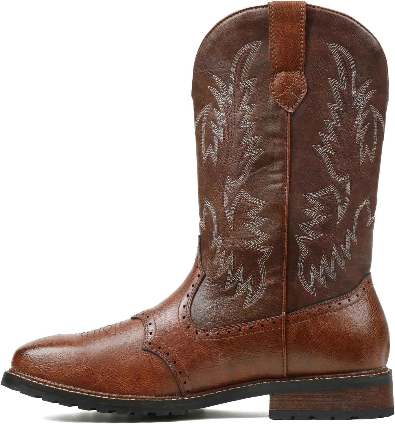 femflame Cowboy Boots For Men Square Toe Leather Western Boots Classic Embroidered Durable Slip Resistant Chunky Heel Pull On Distressed Work Boots