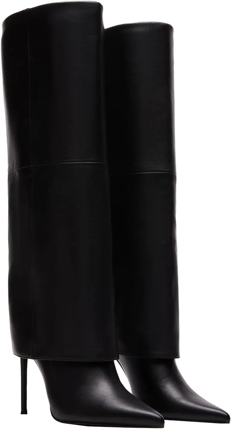 Femflame Fold Over Knee High Boots - Wide Calf, Pointed Toe Stiletto Heel, Tall Boots