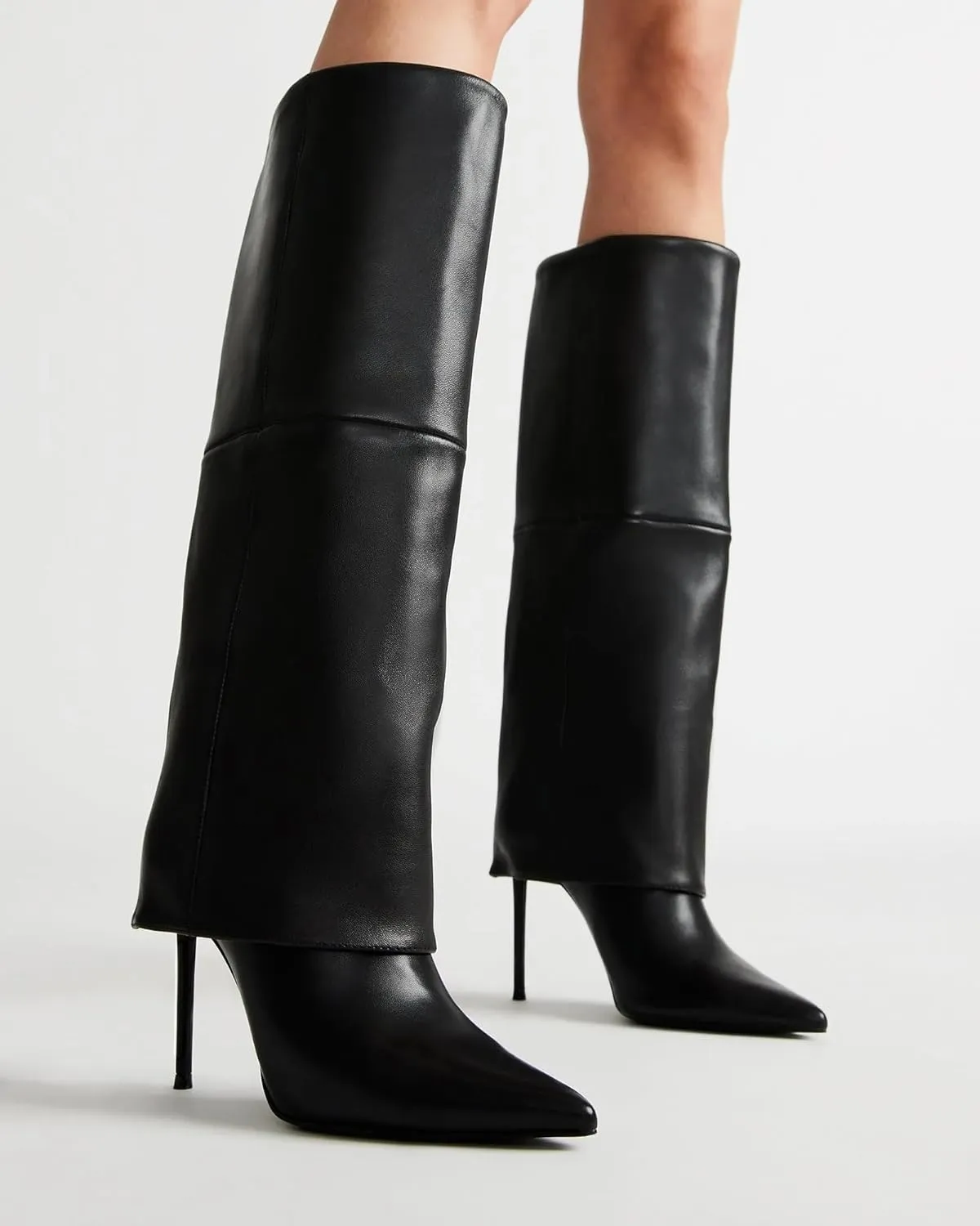 Femflame Fold Over Knee High Boots - Wide Calf, Pointed Toe Stiletto Heel, Tall Boots