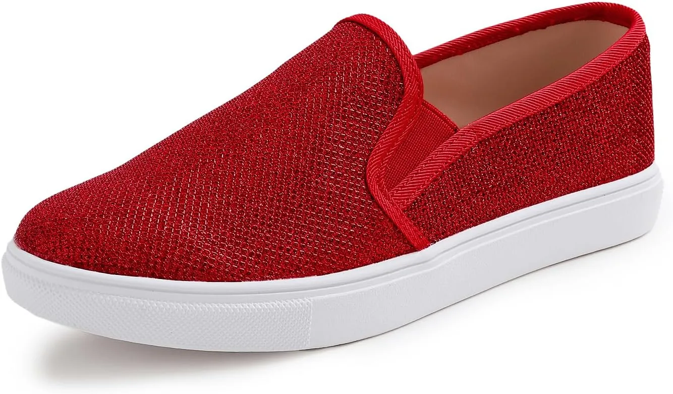 FEVERSOLE Women's Fashion Shiny Soft Slip On Sneaker Sparkle Casual Comfort Loafers
