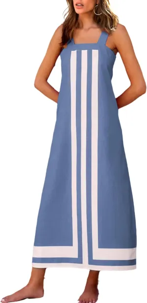 Fiona Jolin Womens Summer Maxi Dress Boho Striped Shoulder Strap Long Sundress Beach Cover Up Dress
