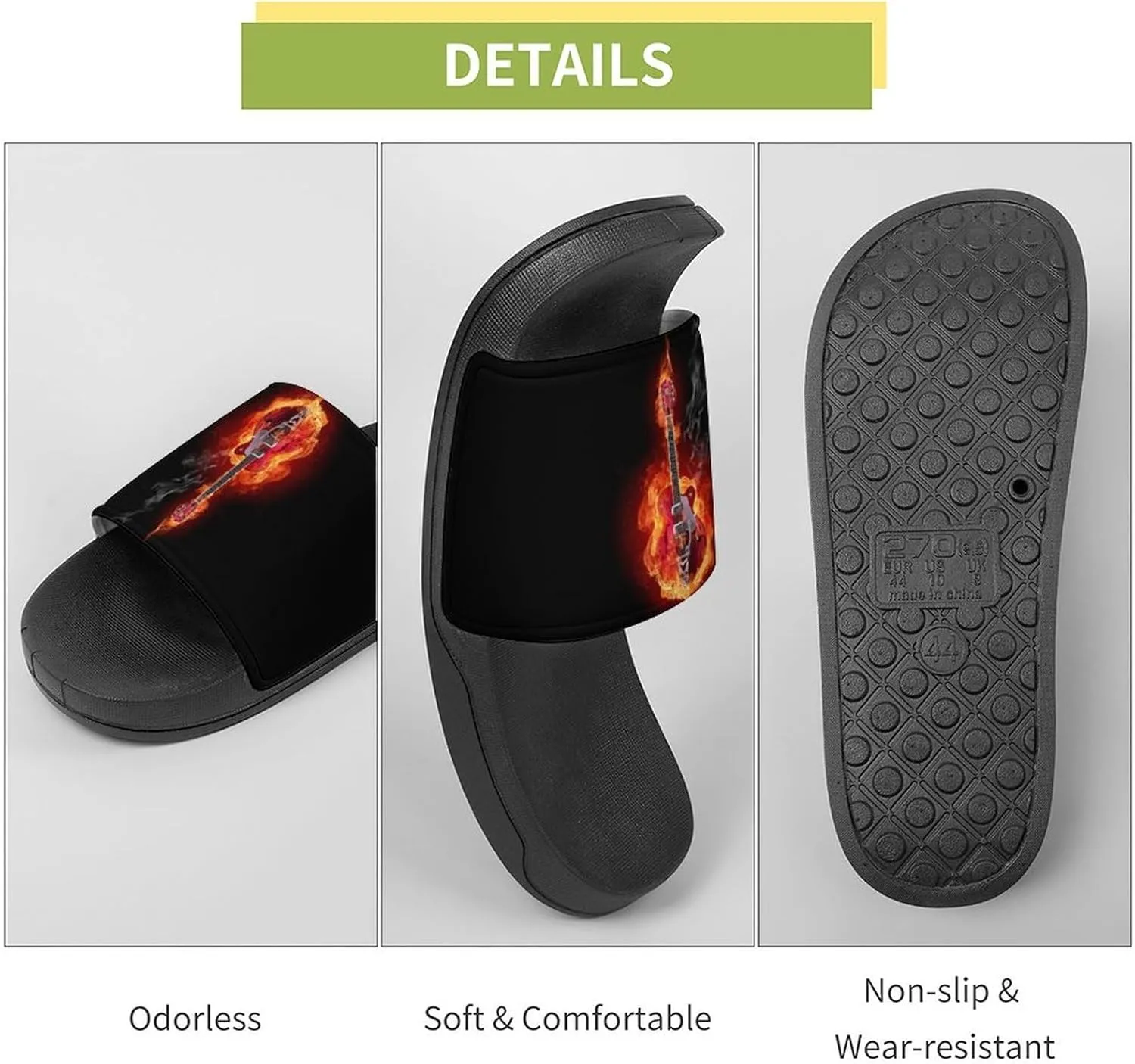 Fire Electric Guitar Flame Funny Slide Sandals Non-Slip PVC Shower Slipper House Shoes Open Toe Slippers for Adult