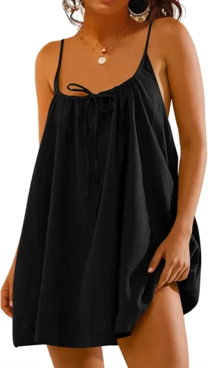 Fisoew Women Summer Sleeveless Mini Dress Tie Back Casual Loose Sexy Trendy Swimsuit Coverup