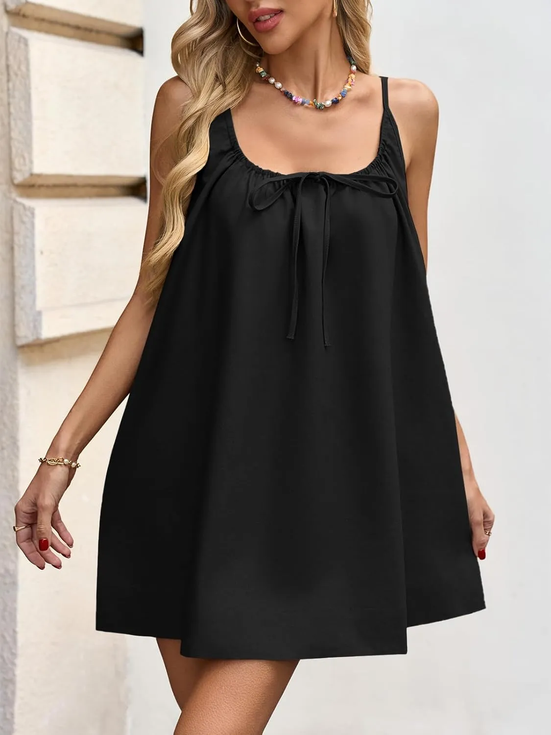 Fisoew Women Summer Sleeveless Mini Dress Tie Back Casual Loose Sexy Trendy Swimsuit Coverup