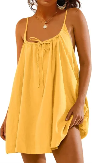 Fisoew Women Summer Sleeveless Mini Dress Tie Back Casual Loose Sexy Trendy Swimsuit Coverup