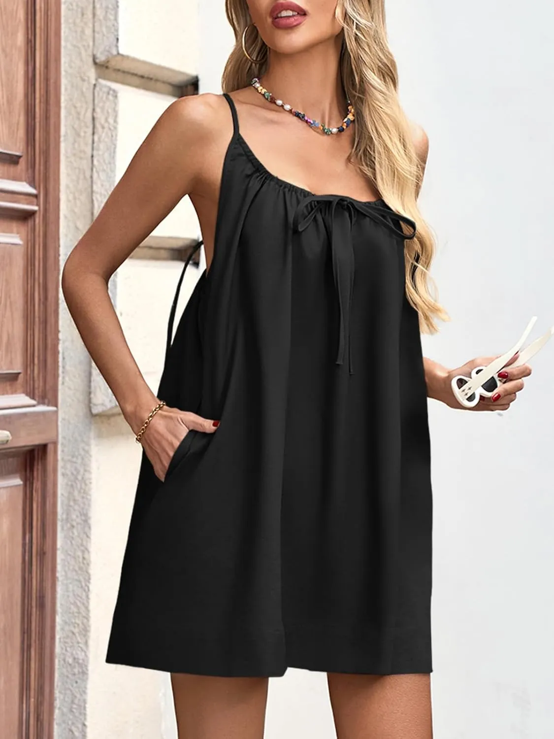 Fisoew Women Summer Sleeveless Mini Dress Tie Back Casual Loose Sexy Trendy Swimsuit Coverup