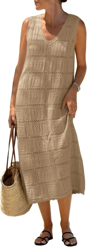 Fisoew Womens Crochet Sleeveless Dress Casual Summer V Neck Boho Knit Cover Up Beach Vacation Midi Tank Dresses